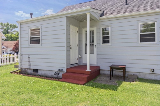 8284 Fernwood Dr, Norfolk, VA 23518 - view of exterior entry featuring a shingled roof and crawl space