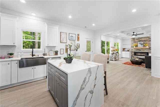 107 Wheeley Cir, Yorktown, VA 23693 - kitchen featuring a sink, gray cabinets, a ceiling fan, recessed lighting, and light wood finished floors