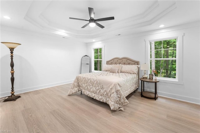 107 Wheeley Cir, Yorktown, VA 23693 - bedroom featuring a raised ceiling, crown molding, light wood-type flooring, recessed lighting, and a ceiling fan