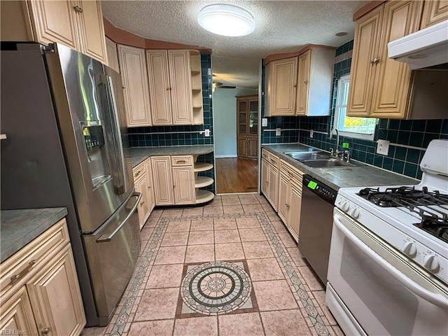 1224 Old Clubhouse Rd, Virginia Beach, VA 23453 - kitchen with appliances with stainless steel finishes, open shelves, a sink, under cabinet range hood, and decorative backsplash