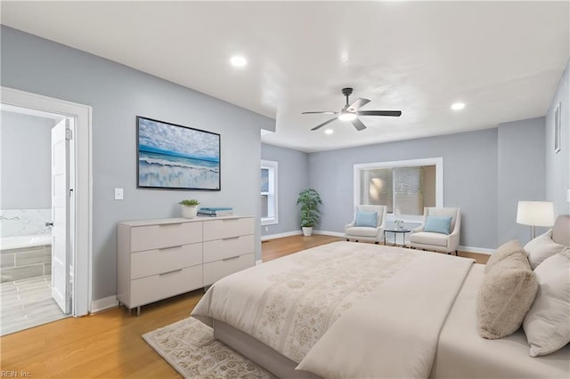 1250 27th St, Newport News, VA 23607 - bedroom with baseboards, ensuite bathroom, light wood finished floors, recessed lighting, and a ceiling fan