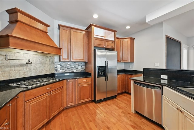 9628 7th Bay St Unit A, Norfolk, VA 23518 - kitchen featuring stainless steel appliances, custom range hood, light wood finished floors, tasteful backsplash, and recessed lighting