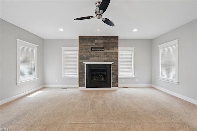 9628 7th Bay St Unit A, Norfolk, VA 23518 - unfurnished living room with a ceiling fan, carpet floors, baseboards, a large fireplace, and recessed lighting