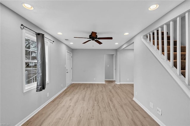 2728 Sewells Point Rd, Norfolk, VA 23513 - empty room featuring wood finished floors, a ceiling fan, recessed lighting, baseboards, and stairway