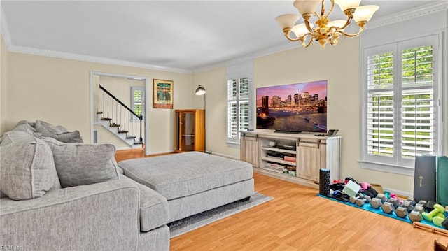 7371 Kirby Cres, Norfolk, VA 23505 - living area featuring a chandelier, light wood finished floors, crown molding, and stairway