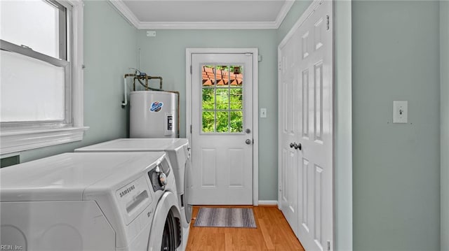 7371 Kirby Cres, Norfolk, VA 23505 - laundry room with water heater, independent washer and dryer, crown molding, and light wood-style floors