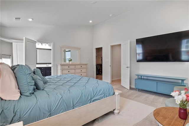 705 Mapleleaf Ln, Virginia Beach, VA 23462 - bedroom with vaulted ceiling, carpet, baseboards, ensuite bathroom, and recessed lighting