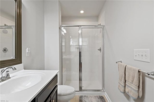 705 Mapleleaf Ln, Virginia Beach, VA 23462 - bathroom featuring toilet, vanity, a stall shower, recessed lighting, and tile patterned flooring
