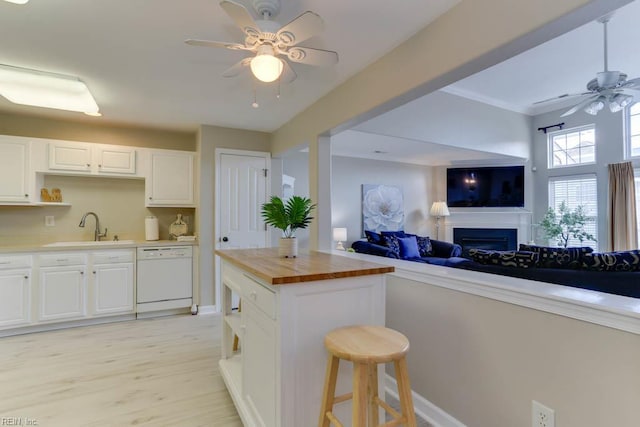 3914 Van Ness Dr, Virginia Beach, VA 23462 - kitchen featuring dishwasher, a sink, butcher block counters, ceiling fan, and open shelves
