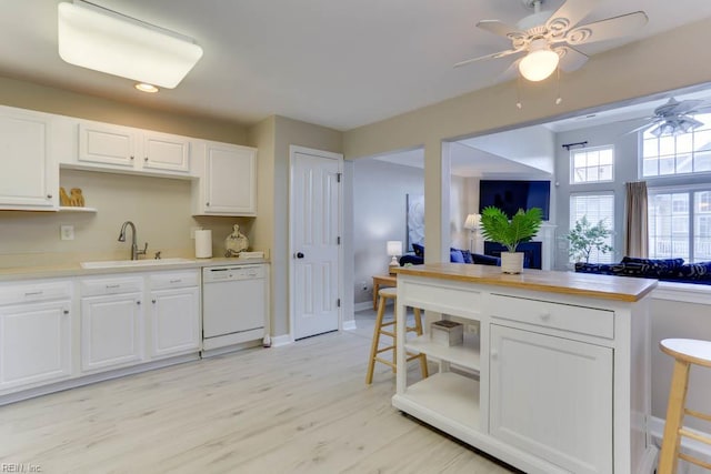 3914 Van Ness Dr, Virginia Beach, VA 23462 - kitchen with white dishwasher, a sink, open shelves, ceiling fan, and recessed lighting