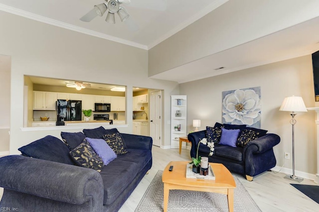 3914 Van Ness Dr, Virginia Beach, VA 23462 - living area with ceiling fan, crown molding, light wood finished floors, and baseboards
