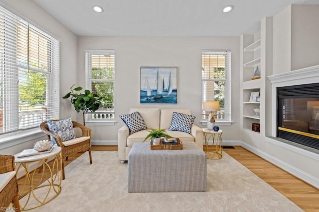 2512 E Ocean View Ave Unit A, Norfolk, VA 23518 - living area with built in shelves, wood finished floors, baseboards, recessed lighting, and a glass covered fireplace