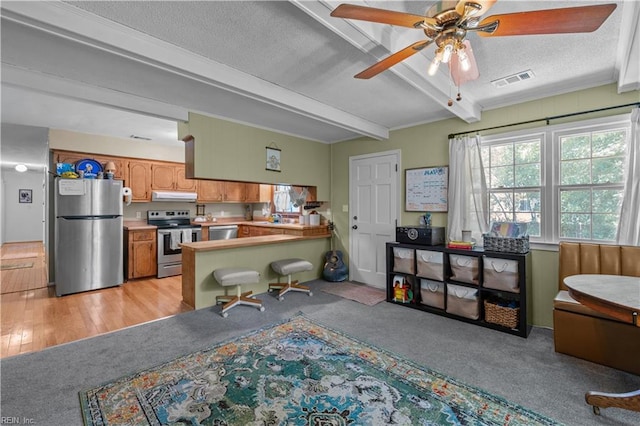 6110 Lyndhurst Ave, Norfolk, VA 23502 - kitchen featuring stainless steel appliances, under cabinet range hood, a textured ceiling, a peninsula, and beamed ceiling