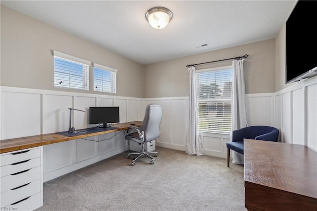1328 Andreas Ln, Chesapeake, VA 23322 - home office featuring a decorative wall, healthy amount of natural light, light colored carpet, and wainscoting