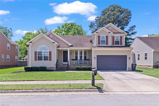 6309 Orchard Cove Ct, Suffolk, VA 23435 - view of front facade featuring covered porch, a garage, driveway, a front yard, and crawl space