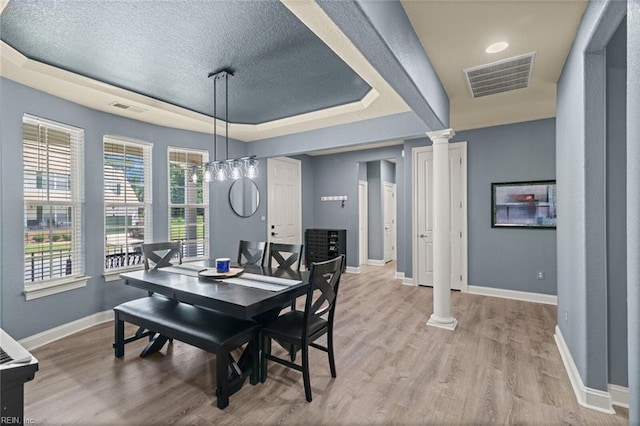 6309 Orchard Cove Ct, Suffolk, VA 23435 - dining area with decorative columns, baseboards, wood finished floors, a tray ceiling, and a textured ceiling