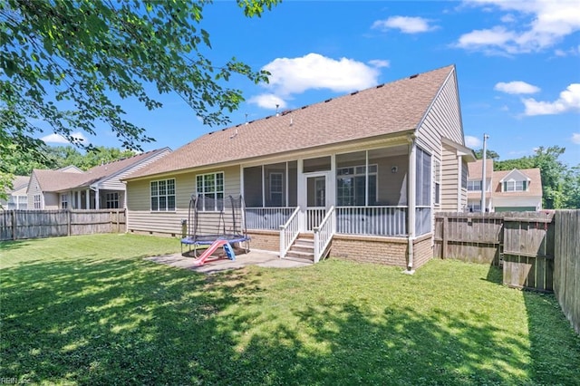 6309 Orchard Cove Ct, Suffolk, VA 23435 - back of house featuring a sunroom, a trampoline, roof with shingles, and crawl space