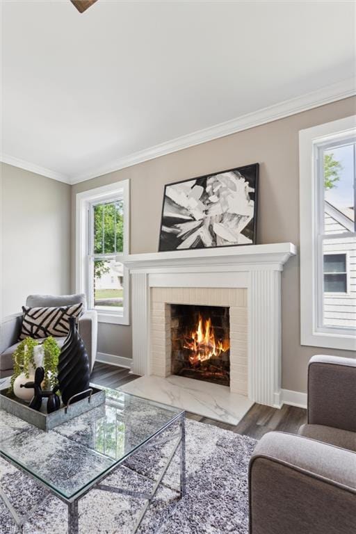 134 Chesterfield Rd, Hampton, VA 23661 - living area with baseboards, wood finished floors, a brick fireplace, and crown molding