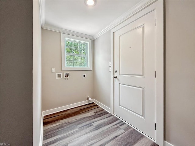 134 Chesterfield Rd, Hampton, VA 23661 - washroom featuring hookup for an electric dryer, ornamental molding, washer hookup, wood finished floors, and baseboards