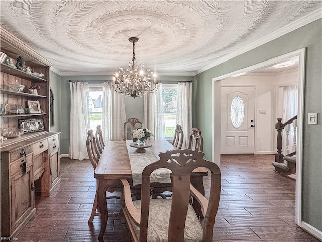 1907 Eastborne Dr, Virginia Beach, VA 23454 - dining space with a chandelier, dark wood-style floors, crown molding, baseboards, and stairway