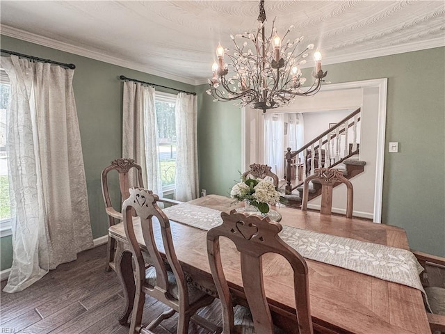 1907 Eastborne Dr, Virginia Beach, VA 23454 - dining room featuring a chandelier, wood finished floors, baseboards, crown molding, and stairway