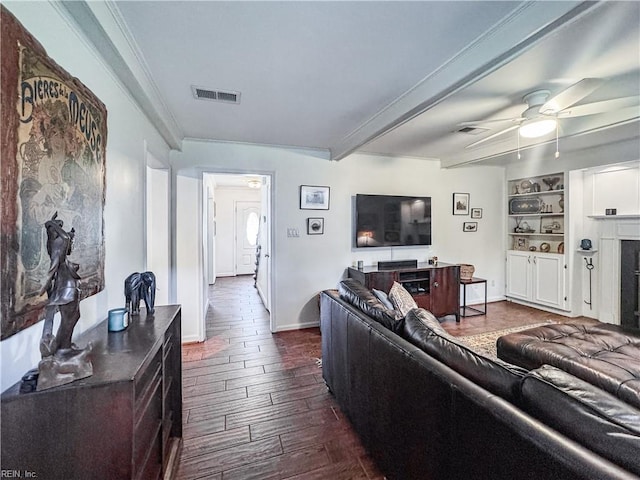 1907 Eastborne Dr, Virginia Beach, VA 23454 - living area with dark wood-style flooring, a ceiling fan, baseboards, beamed ceiling, and crown molding
