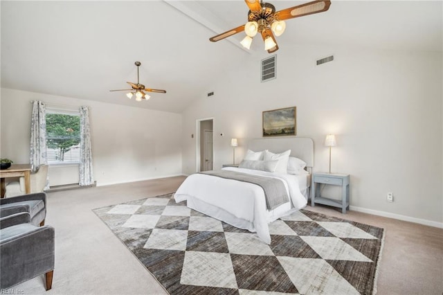 108 Bayview Dr, Yorktown, VA 23692 - bedroom featuring carpet floors, baseboards, high vaulted ceiling, and a ceiling fan