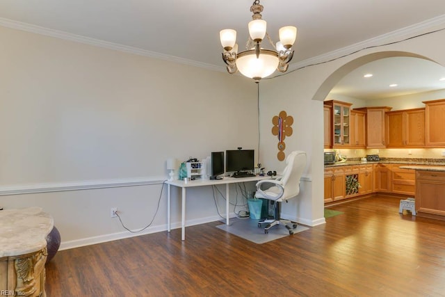 office area with arched walkways, dark wood-style flooring, a chandelier, crown molding, and baseboards