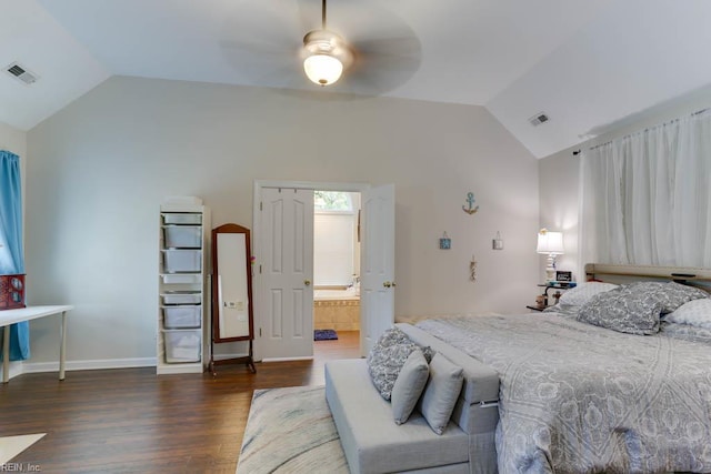 bedroom with lofted ceiling, wood finished floors, baseboards, and a ceiling fan