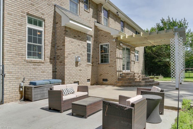 view of patio featuring an outdoor hangout area, a pergola, and entry steps