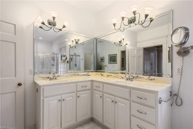 7320 Shirland Ave, Norfolk, VA 23505 - full bath featuring a chandelier, double vanity, and a shower stall