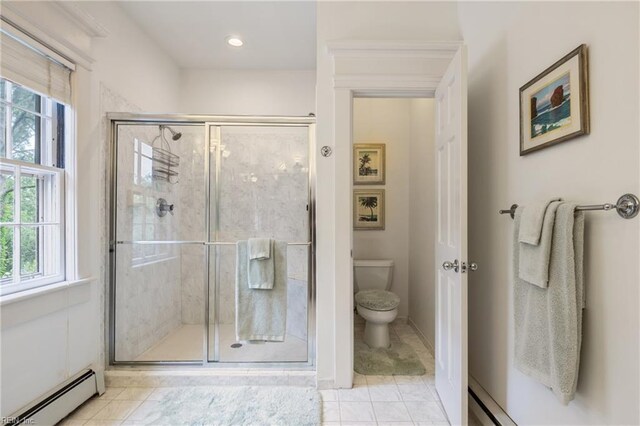 7320 Shirland Ave, Norfolk, VA 23505 - bathroom with baseboard heating, toilet, healthy amount of natural light, and a shower stall