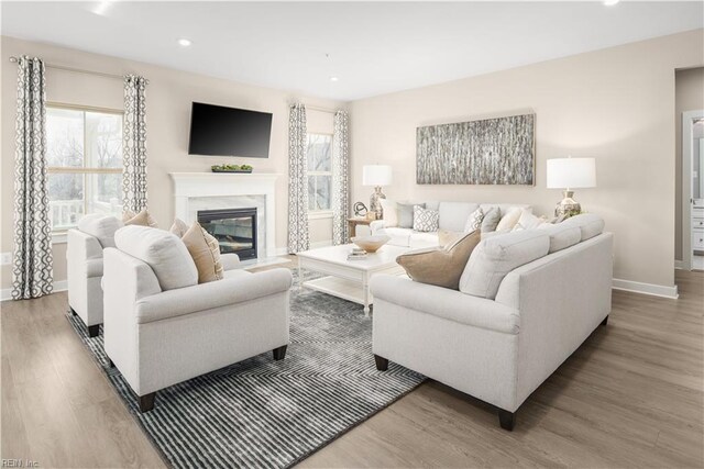 1129 Egret Ln, Suffolk, VA 23434 - living room with baseboards, wood finished floors, recessed lighting, and a high end fireplace