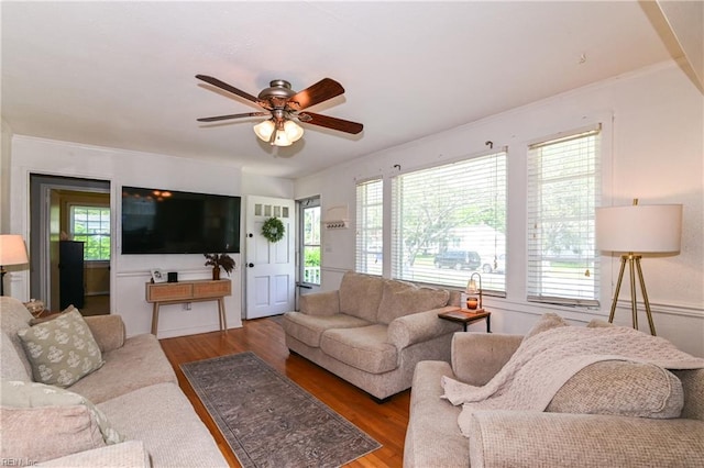 104 Hodges Manor Rd, Portsmouth, VA 23701 - living area featuring a ceiling fan, wood finished floors, and ornamental molding