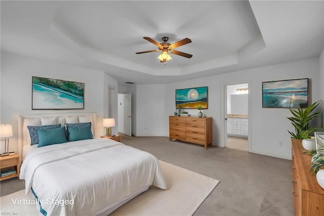 208 Mayberry Ct, Newport News, VA 23601 - bedroom featuring a raised ceiling, light carpet, ensuite bath, ornamental molding, and ceiling fan