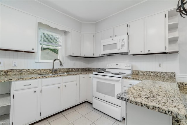 708 Harway Ave, Chesapeake, VA 23325 - kitchen with white appliances, a sink, white cabinetry, open shelves, and ornamental molding