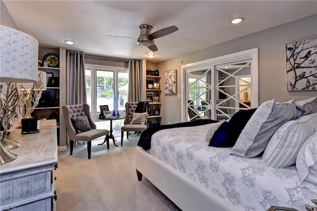 103 Acacia Ct, Williamsburg, VA 23185 - bedroom with carpet flooring, access to outside, recessed lighting, and a ceiling fan
