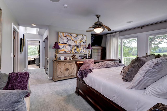 103 Acacia Ct, Williamsburg, VA 23185 - bedroom featuring access to exterior, light colored carpet, baseboards, a ceiling fan, and connected bathroom