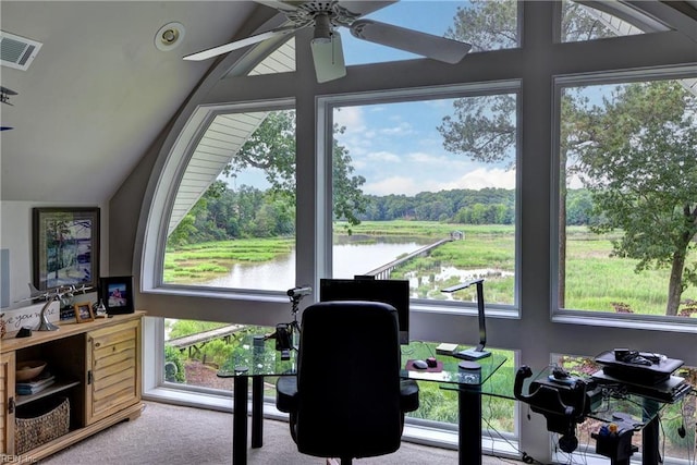 103 Acacia Ct, Williamsburg, VA 23185 - office with lofted ceiling, healthy amount of natural light, carpet floors, a ceiling fan, and a water view