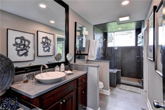 103 Acacia Ct, Williamsburg, VA 23185 - full bathroom with tile patterned flooring, a stall shower, toilet, vanity, and recessed lighting