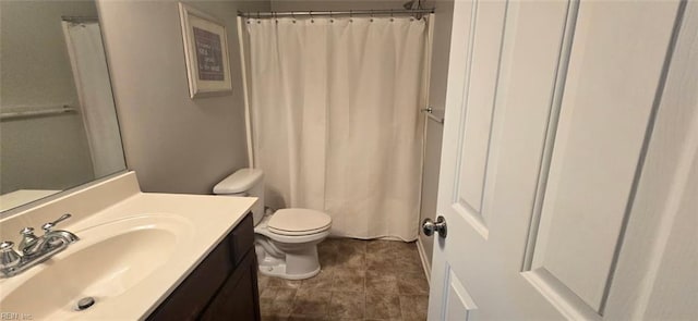 full bath with vanity, toilet, tile patterned floors, and curtained shower