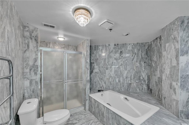 3556 Shore Dr Unit 704, Virginia Beach, VA 23455 - bathroom with toilet, tile walls, a bath, a shower stall, and marble finish floors