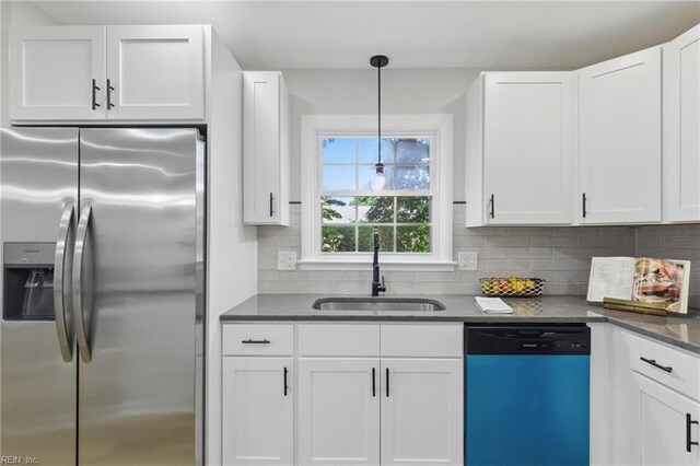 4009 Forresthills Dr, Portsmouth, VA 23703 - kitchen featuring stainless steel refrigerator with ice dispenser, dishwashing machine, a sink, and white cabinets