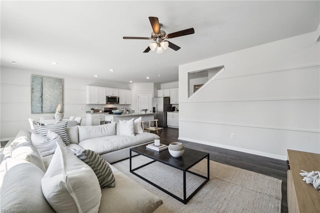 3019 Dalton Cir, Suffolk, VA 23435 - living area featuring ceiling fan, baseboards, dark wood-style flooring, and recessed lighting