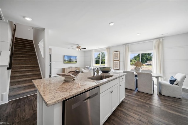 3019 Dalton Cir, Suffolk, VA 23435 - kitchen with dishwasher, a sink, open floor plan, and dark wood-style flooring