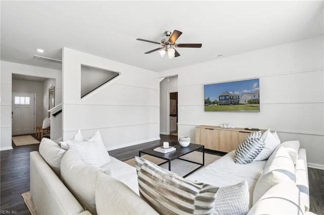 3019 Dalton Cir, Suffolk, VA 23435 - living area with ceiling fan, dark wood-style floors, and baseboards