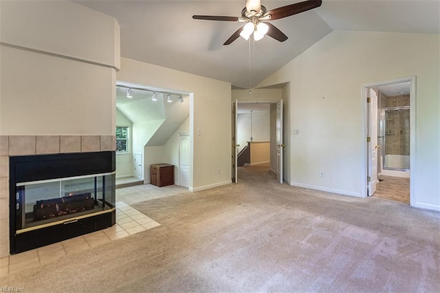 1209 Willow Creek Ct, Chesapeake, VA 23321 - unfurnished living room with vaulted ceiling, carpet floors, ceiling fan, and baseboards