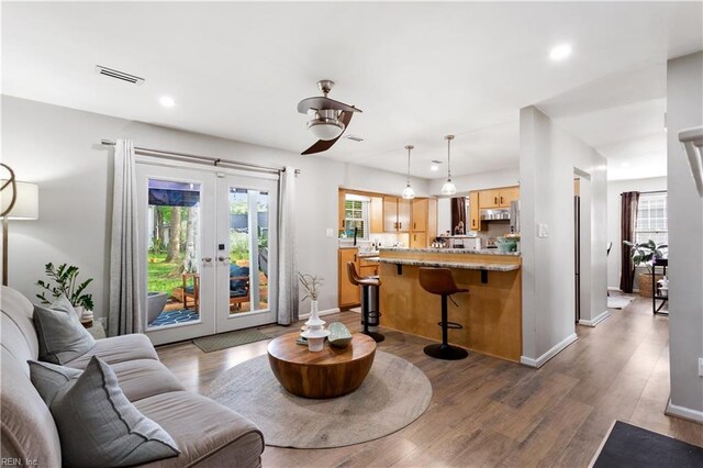 164 Nottingham Trl, Newport News, VA 23602 - living area with french doors, dark wood finished floors, baseboards, recessed lighting, and ceiling fan