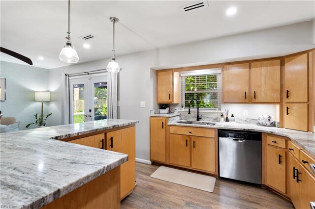 164 Nottingham Trl, Newport News, VA 23602 - kitchen with dishwasher, a sink, wood finished floors, light stone countertops, and french doors