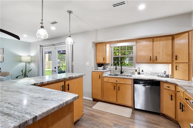 164 Nottingham Trl, Newport News, VA 23602 - kitchen with dishwasher, a sink, wood finished floors, light stone countertops, and french doors